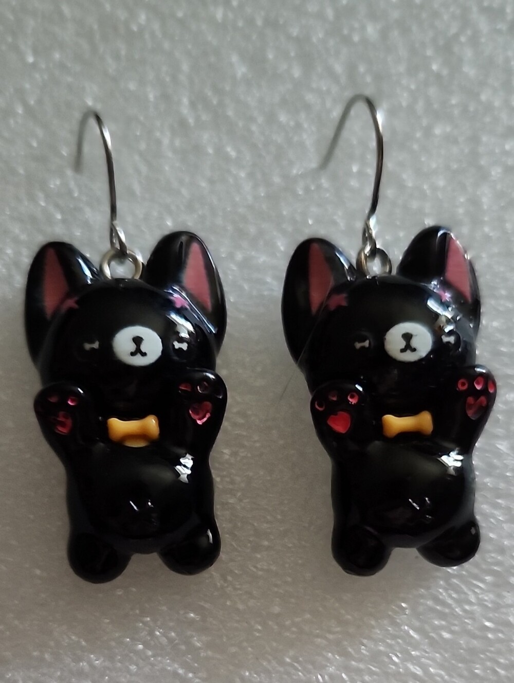 Hand Crafted Black Frenchie Dog Earrings with Pink and Gold Accents